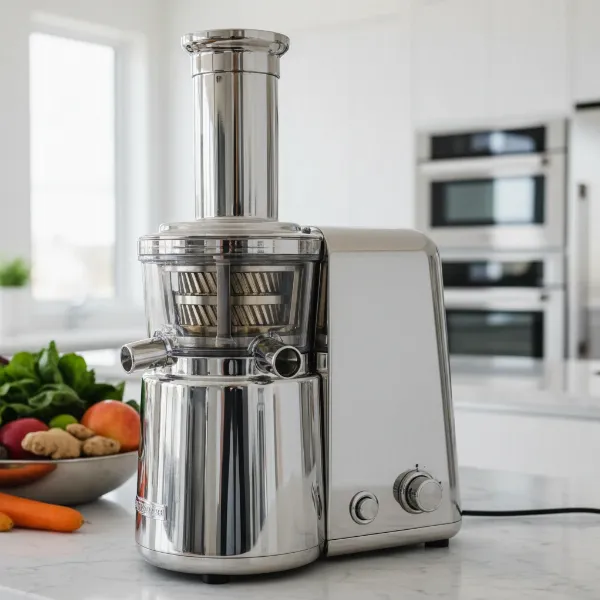 A close-up of the Angel Juicer 8500 showcasing its surgical-grade stainless steel construction and twin gears