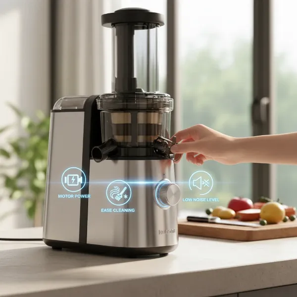 Hand interacting with a slow juicer, representing key factors like power, cleaning, and noise for selection