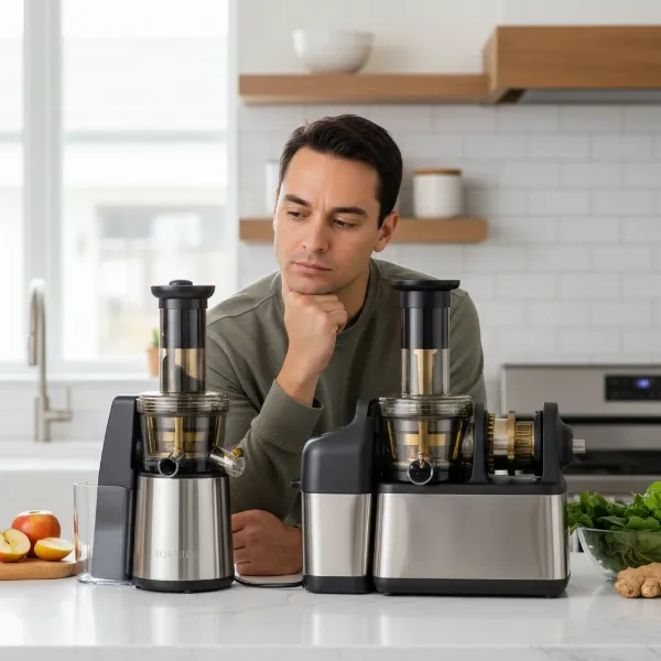 A person thoughtfully choosing between two types of slow juicers, symbolizing the decision-making process between single auger and twin gear technology.