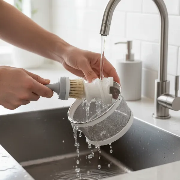 Person cleaning slow juicer parts under running water, highlighting easy maintenance