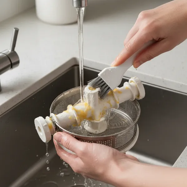 Disassembled slow juicer parts being cleaned with a brush under running water, emphasizing hygiene and maintenance.