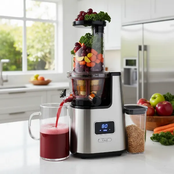 A busy kitchen counter with an 80 RPM slow juicer efficiently processing various fruits and vegetables, balancing speed and quality.