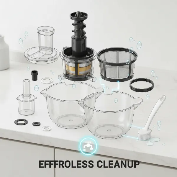 A disassembled heavy-duty slow juicer showing its main components for easy cleaning: auger, screen, juicing bowl, and brush.