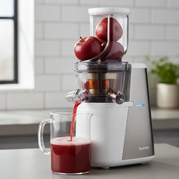 A Hurom H400 Easy Clean Slow Juicer extracting juice from whole apples, highlighting its wide feed chute and sleek design.