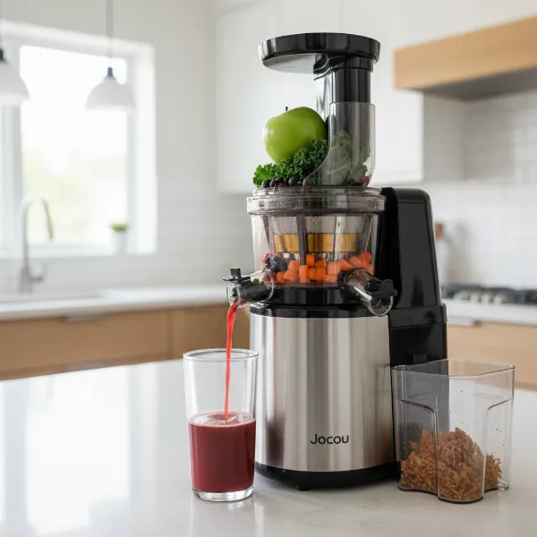 Jocuu Cold Press Juicer efficiently extracting juice from various fruits and vegetables in a modern kitchen setting.