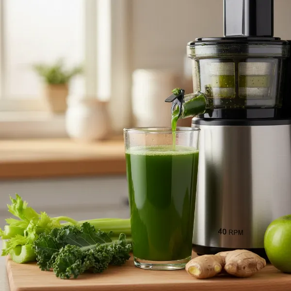 A vibrant glass of fresh, foam-free juice next to a 40 RPM slow juicer, symbolizing superior nutrient retention and freshness.