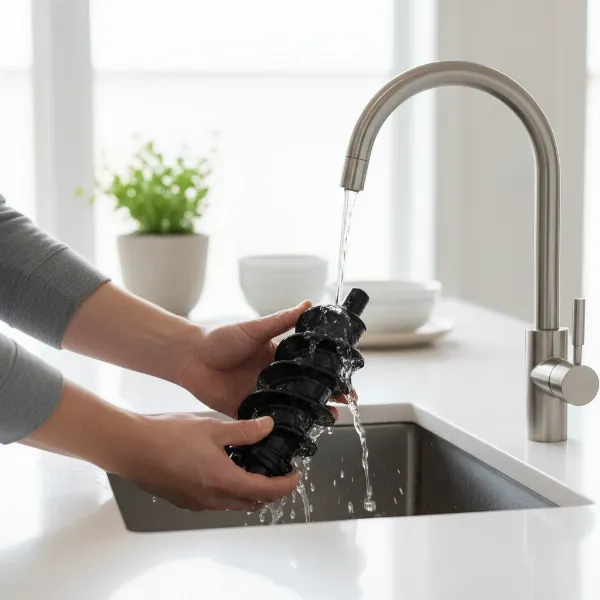 A person effortlessly disassembling and rinsing a modern slow juicer after making a healthy green juice, emphasizing ease of cleaning.