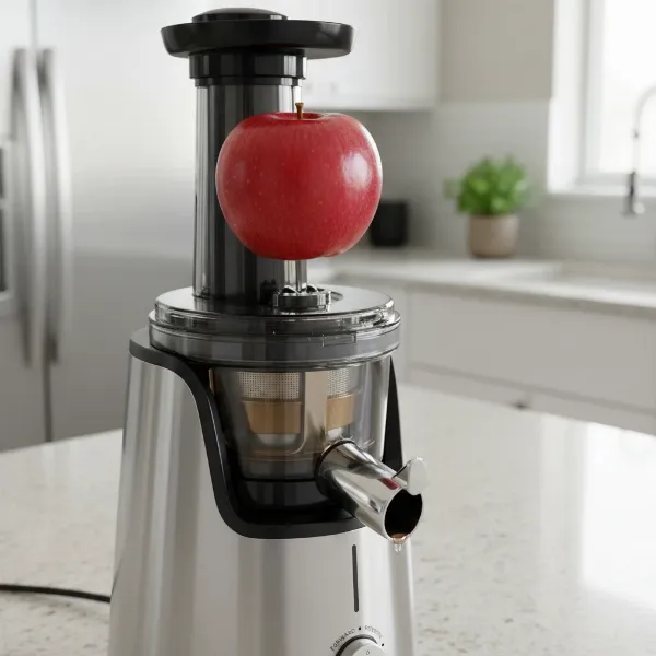 Close-up of Kuvings C7000 slow juicer showcasing its wide feed chute and smart cap, emphasizing ease of use.