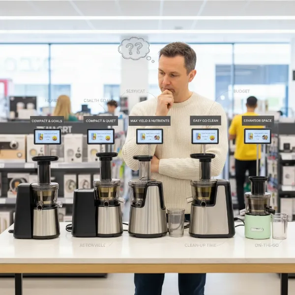A person thoughtfully examining different slow juicer models in a store or online, considering their needs and budget.