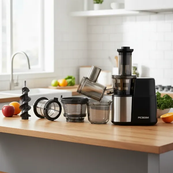 Picberm Slow Juicer disassembled showing its BPA-free components and sleek design