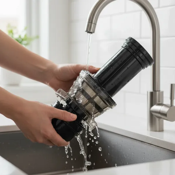 Person effortlessly cleaning Picberm Slow Juicer parts under running water