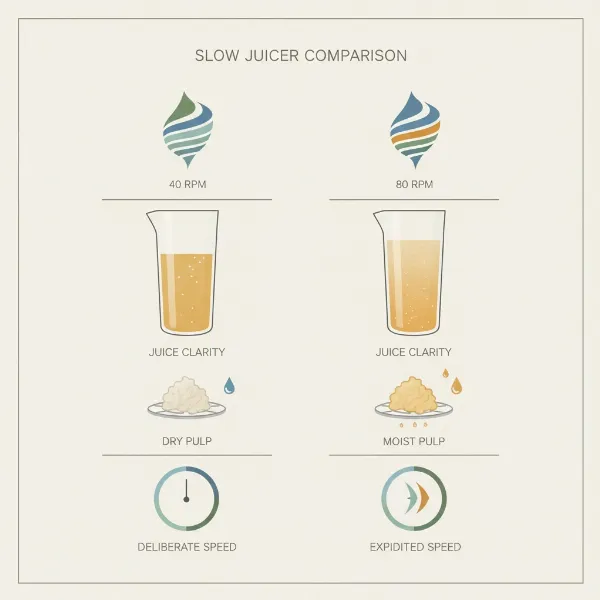 A conceptual graphic comparing two slow juicers, one at 40 RPM and one at 80 RPM, illustrating subtle differences in juice quality and speed.