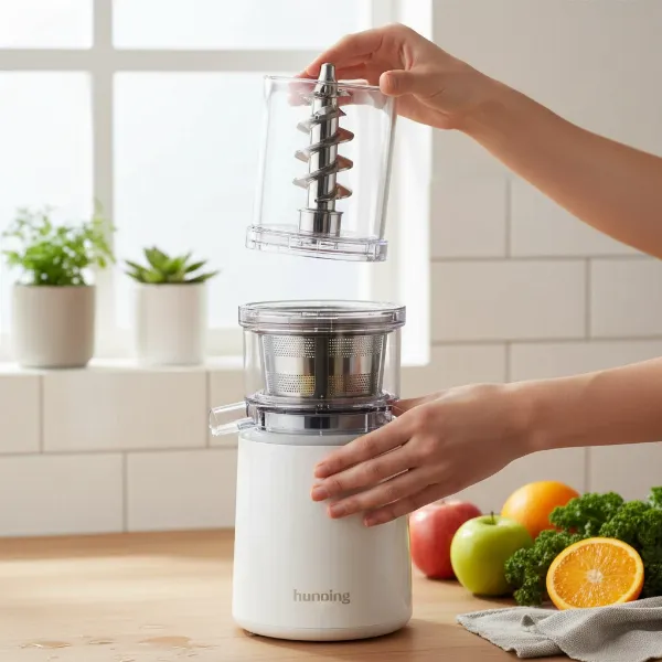 Hands easily assembling the three main parts of the Shine Kitchen Co. Cold Press juicer, highlighting its simple, minimalist design for quick setup and cleaning.