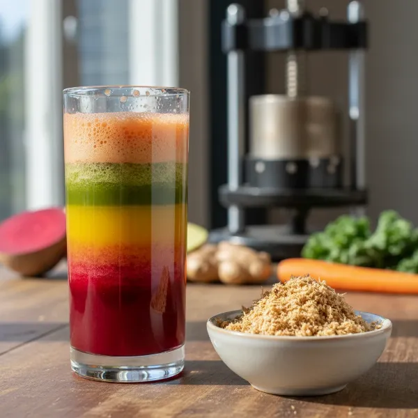 A glass of vibrant cold-pressed juice next to a small container of dry pulp, showcasing the high efficiency of the Shine Kitchen Co. Cold Press juicer.