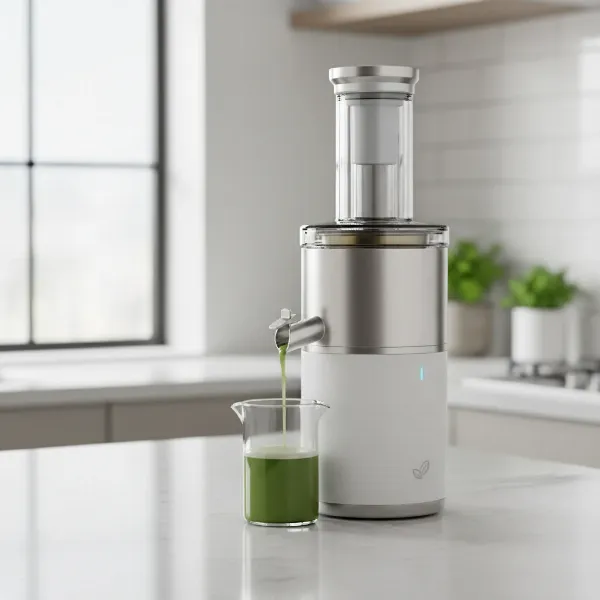 A sleek, compact Shine Kitchen Co. Cold Press juicer on a modern kitchen counter, emphasizing its minimalist tech design and small footprint.