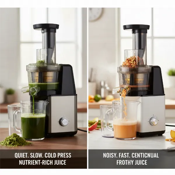 A visual comparison showing a cold press juicer and a centrifugal juicer, emphasizing the quieter and nutrient-preserving process of cold pressing.