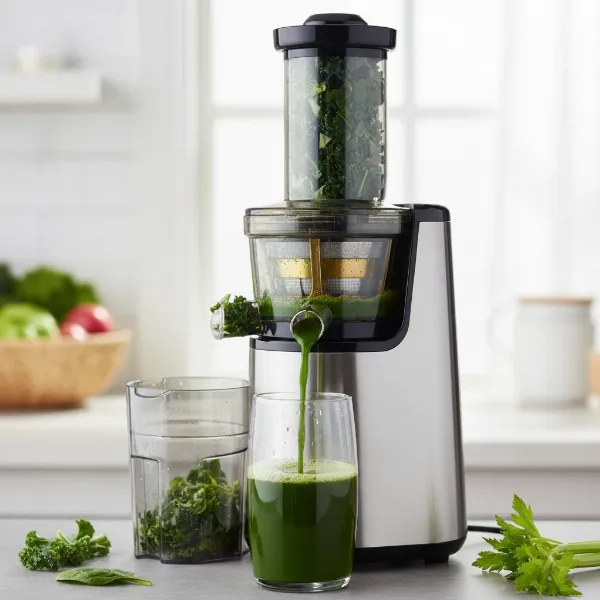 A vertical single auger slow juicer actively juicing leafy greens, showcasing the auger's crushing motion.