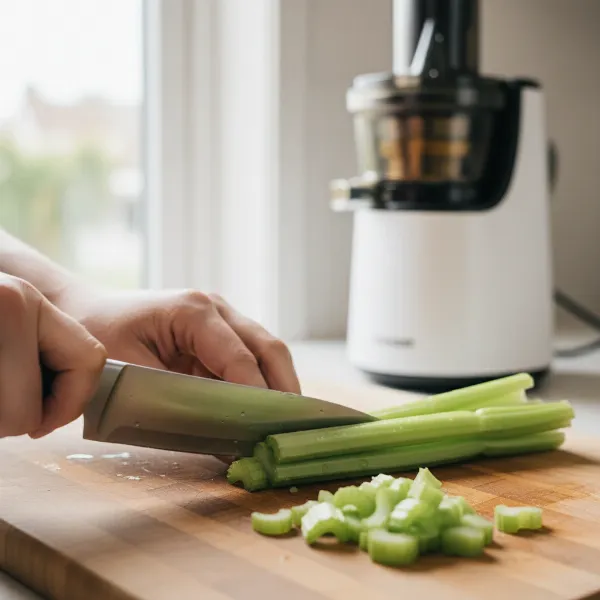 A hand cutting celery into small pieces for a slow juicer to prevent clogging, emphasizing careful preparation.