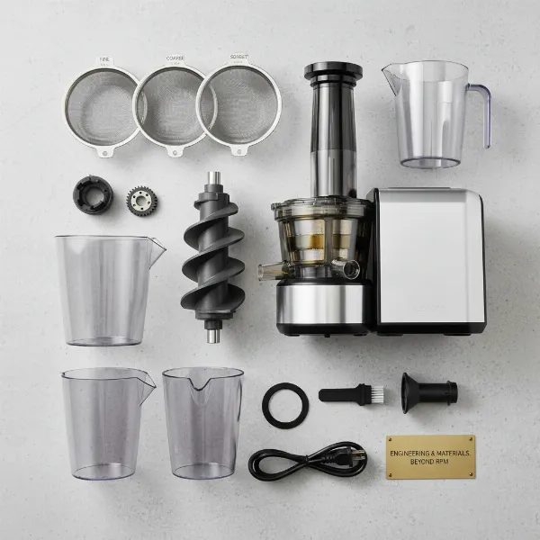 Various key components of a slow juicer laid out, such as the auger, motor, and screen, emphasizing design and material quality.