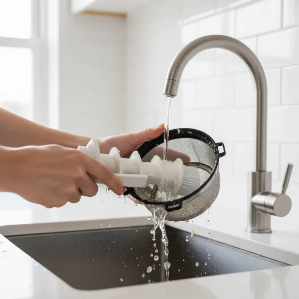A person meticulously deep cleaning a disassembled slow juicer with a brush and mild soap, emphasizing careful maintenance.