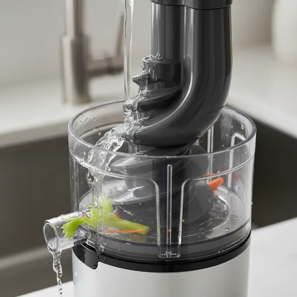 A gleaming slow juicer being easily cleaned under running water, showcasing its strainless design for quick washing.
