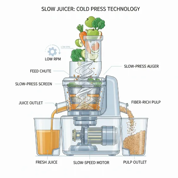An illustration of a slow juicer's internal mechanism, showing the auger pressing fruits and vegetables against a screen at a low RPM.