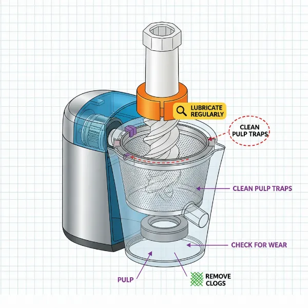 Detailed diagram showing the internal components of a slow juicer motor and surrounding parts, highlighting areas for maintenance.