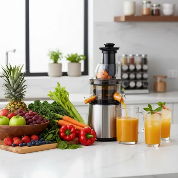 A diverse selection of colorful fruits and vegetables being prepared for juicing next to a modern, compact slow juicer on a kitchen countertop, highlighting healthy living.