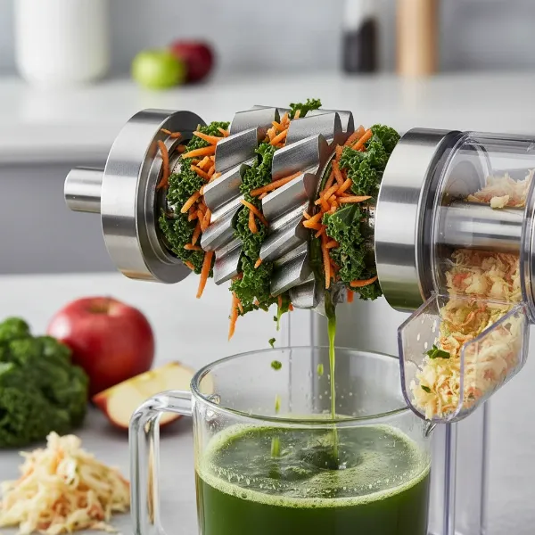 Tribest Greenstar Elite's twin-gear mastication system crushing and mixing produce for superior juice extraction