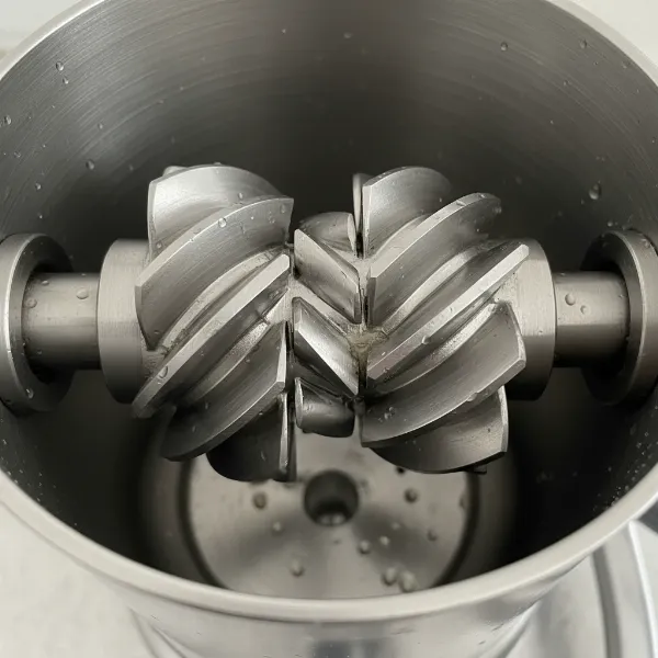 Close-up view of the interlocking twin gears inside a slow juicer, highlighting their precision and grinding action.