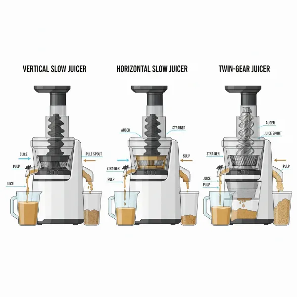 Visual comparison of vertical and horizontal slow juicers, illustrating their unique designs for juice extraction