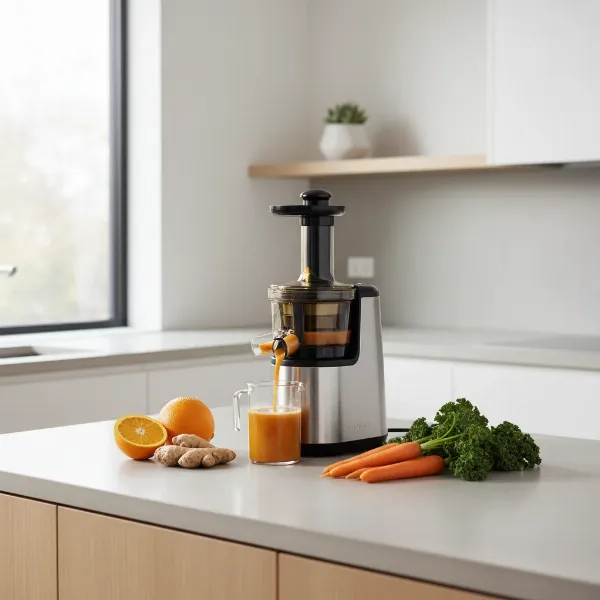 A sleek, compact vertical slow juicer extracting juice in a modern kitchen setting